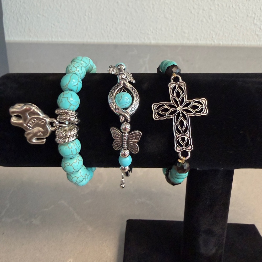 Boho Turquoise Bracelet Set – Cross & Butterfly Charms (3-Piece)